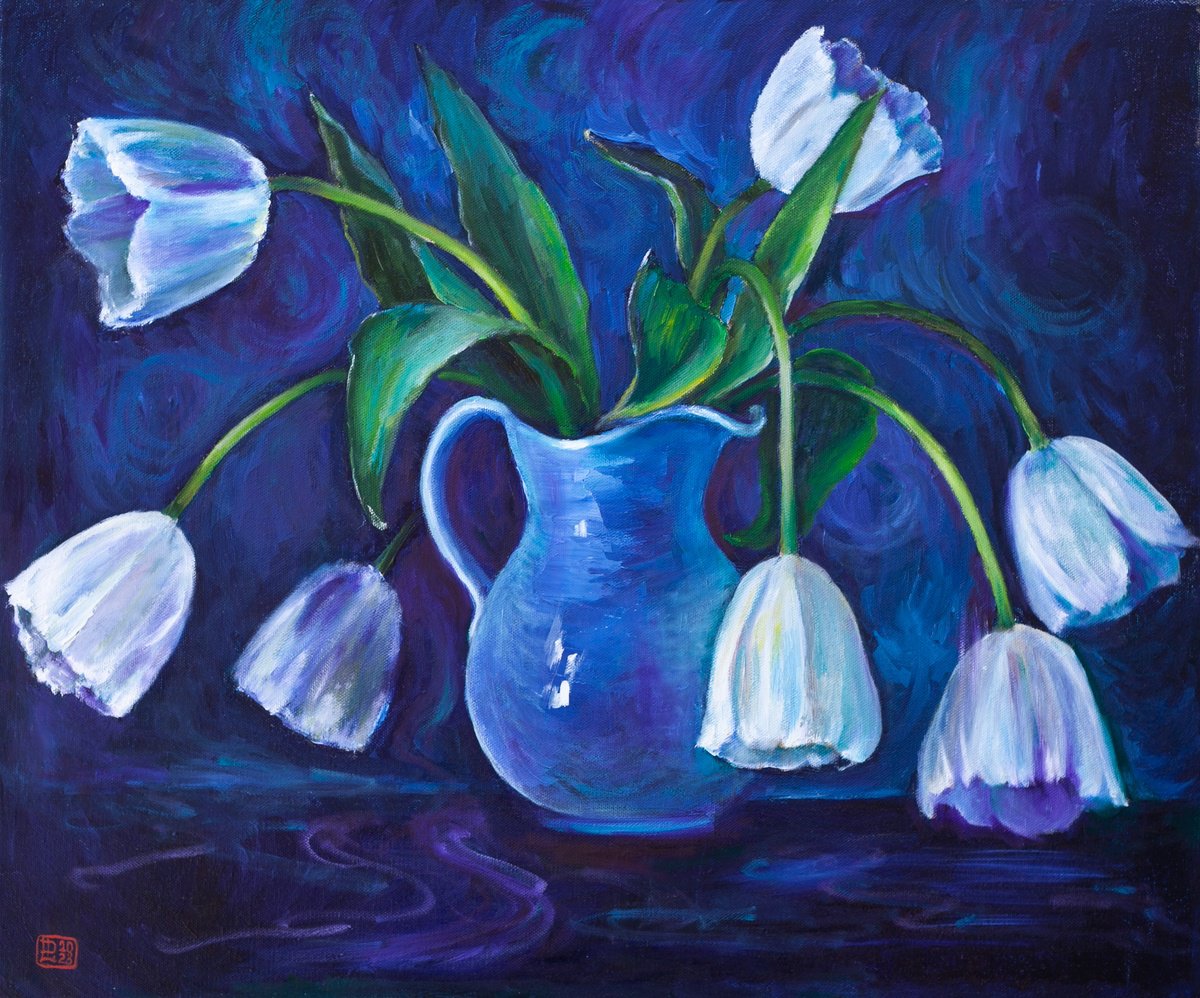 Impressionistic Botanical Oil Painting By Liudmila Pisliakova, 24 X 20", White Tulips In A Jug, Original Artwork