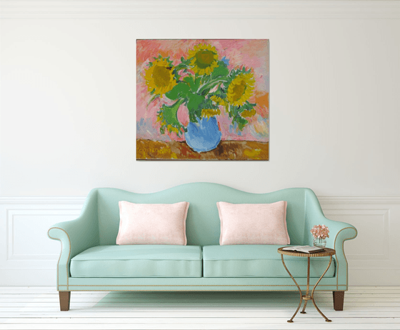 Sunflowers in a Blue Jug - Still Life - Large Size - Oil Painting - Living Room Decor - Wedding Gift