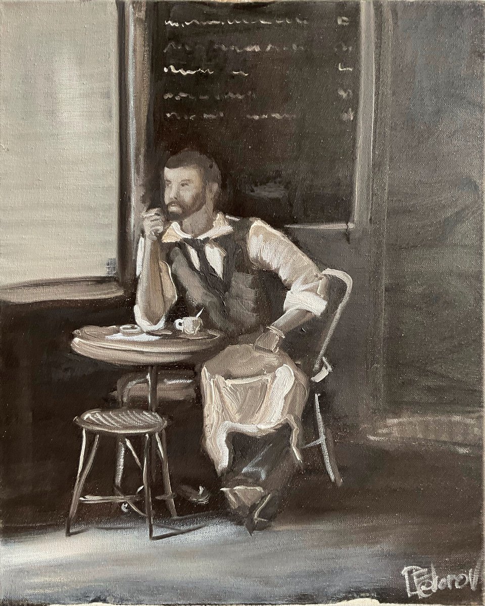 Impressionistic Portrait Oil Painting By Dmitry Fedorov, 16 X 20, Waiter In Cafe On A Break, Original Artwork