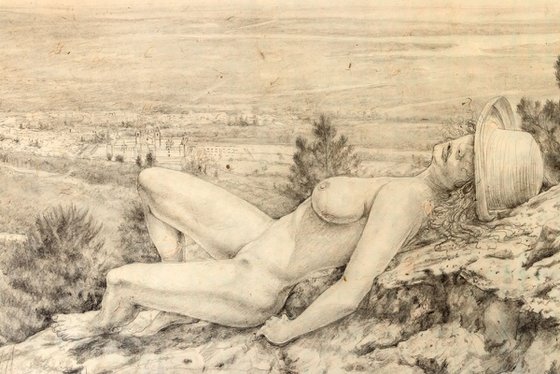 Girl sunbathing on the mountain