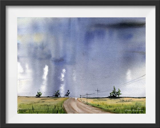 Thunderstorm over the road gift for her original art, decor for business, medium formar