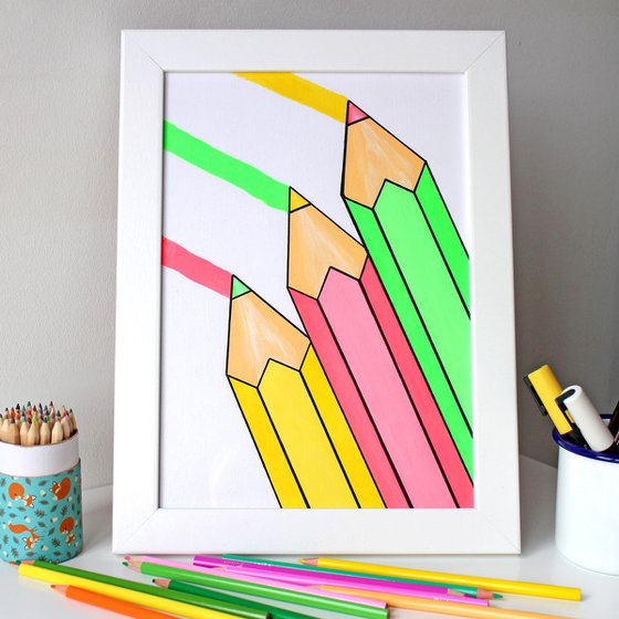 Colourful Pencils Pop Art Painting On Unframed A4 Paper