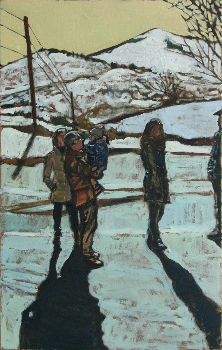 Expressive Landscape Oil Painting By Ishai Rimmer, 16 X 25, Family In The Snow, Original Artwork