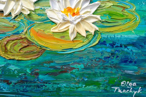 Water Lily Lake - Impasto Floral Art, Palette Knife Painting