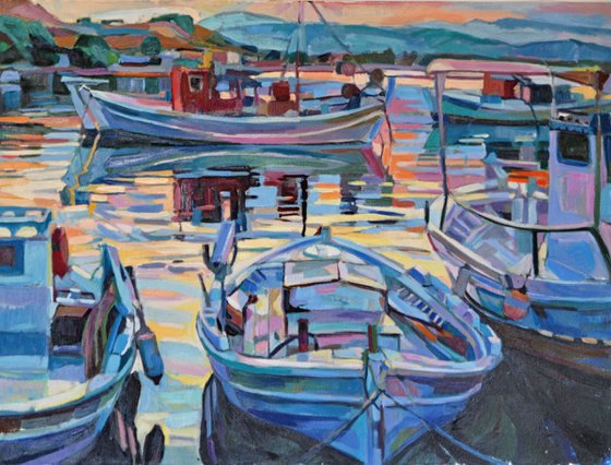 Fishing boats in sunset / 80 x 60 cm