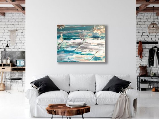 Cold Sea, Abstract Painting Turquoise White Grey Wall Art Abstract Seascape Artwork 90x70 cm ready to hang