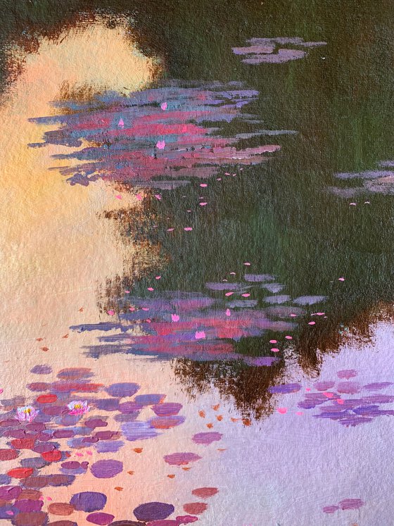 Sunset glow on lily pond! A3 size Painting on Indian handmade paper