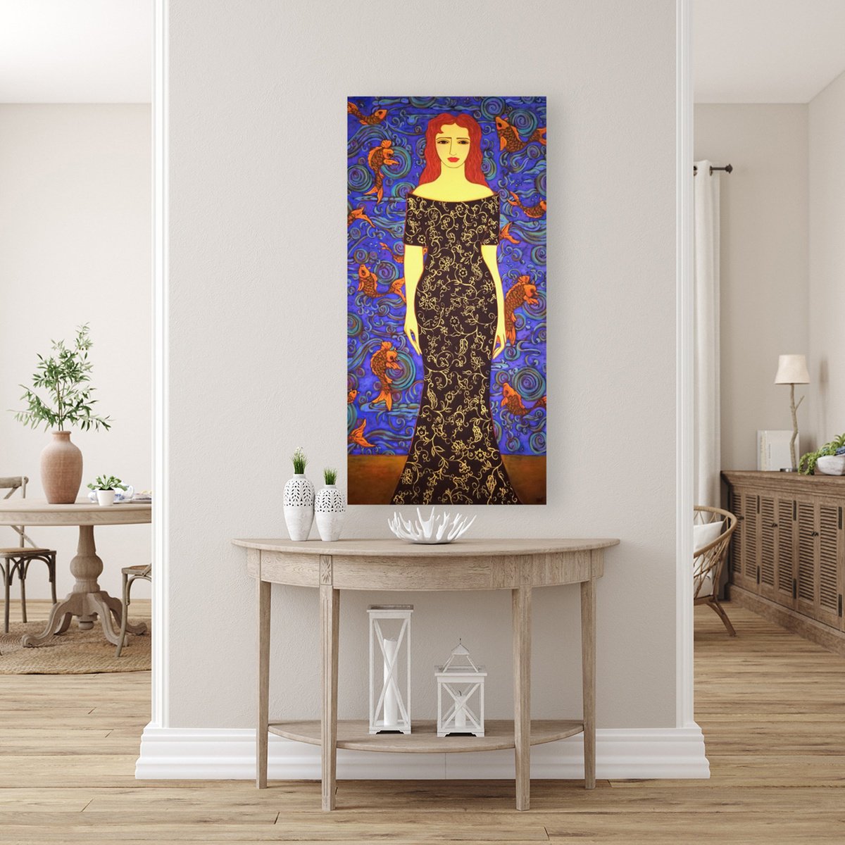 Woman With Golden Koi By Karen Rieger, 24 X 48, Artwork For Sale On Artfinder