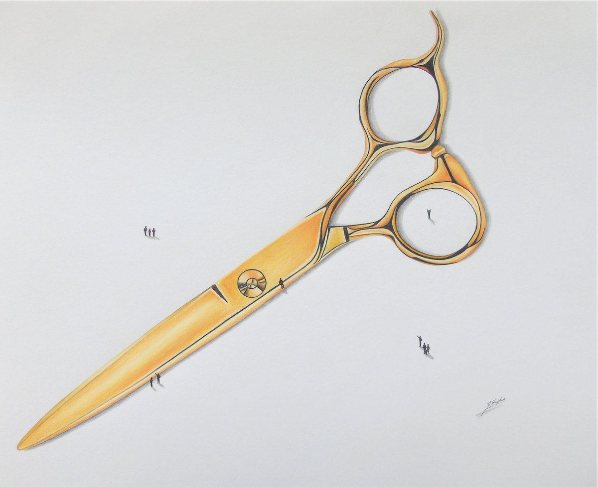 Urban And Pop Still Life Pencil Drawing By Daniel Shipton, 20 X 16, Hairdressing Scissors, Original Artwork