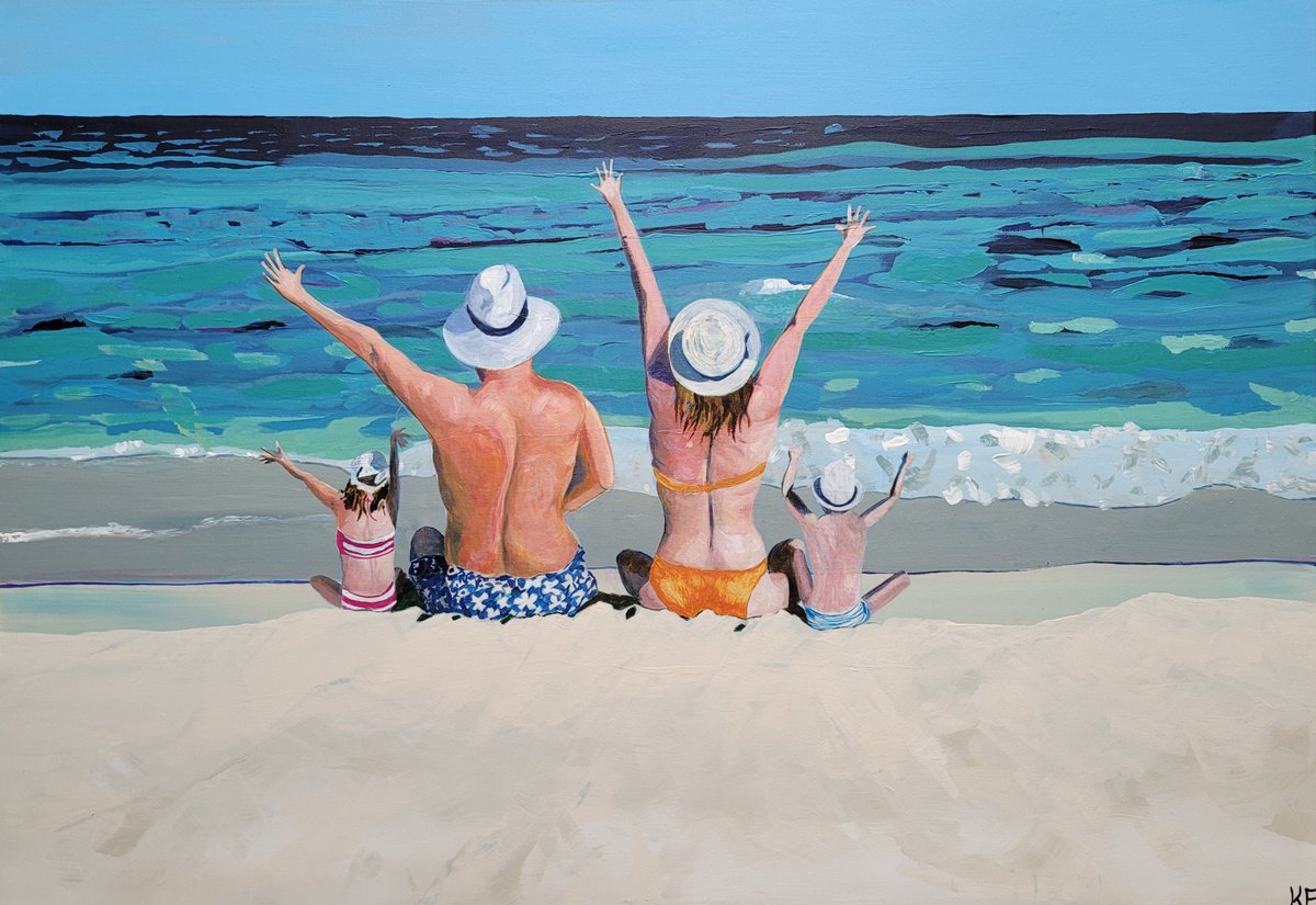 Impressionistic Portrait Acrylic Painting By Kathrin Floge, 46 X 32", Holiday! Family On The Beach, Original Artwork