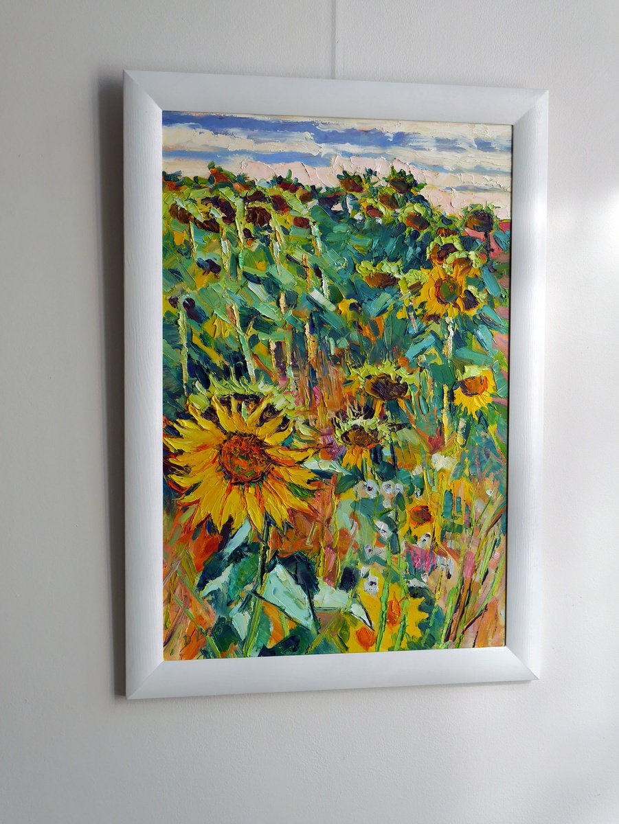 Expressive Landscape Oil Painting By Dima Braga, 19 X 26, By A Sunflowers Field, Original Artwork