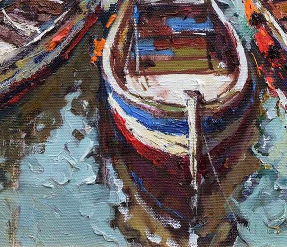 Boats at berth Seascape original oil painting on canvas