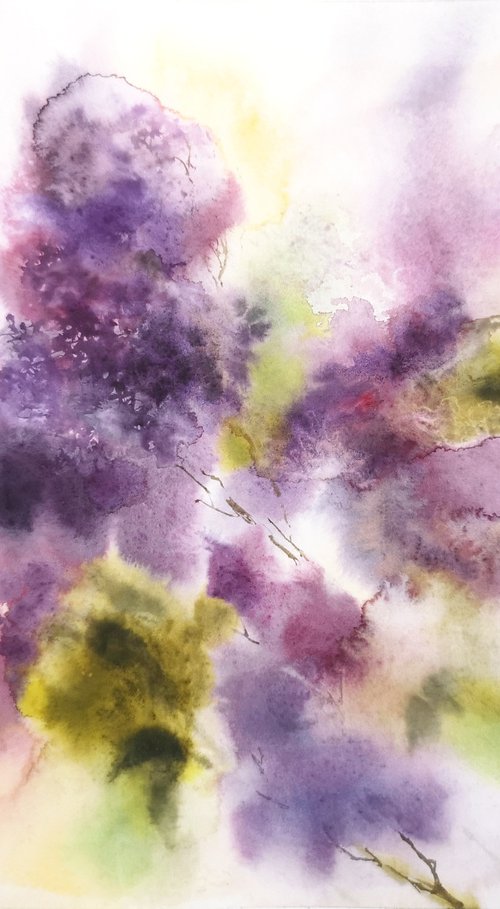 Lilac. Lilac bouquet. Loose flowers watercolor painting by Olga Grigo