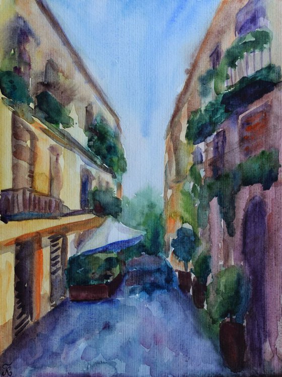 Italy old town original watercolor painting, summer abstract cityscape Europe