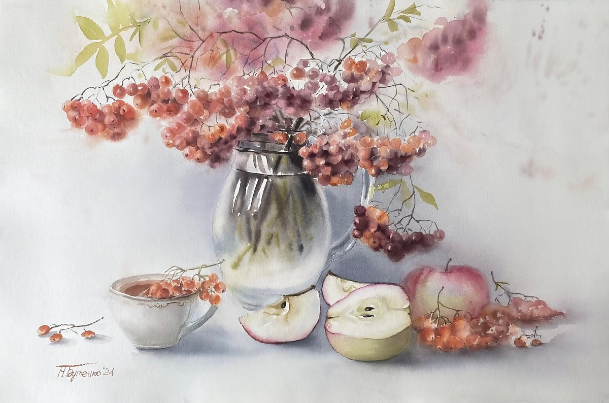 Illustrative Still Life Watercolour By Natalia Butenko, 22 X 15", Tea Which Apples And Roman, Original Artwork