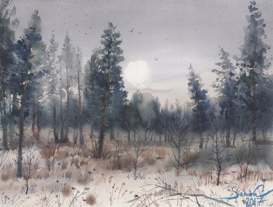 Snow Art Original Watercolor, Winter Landscape painting