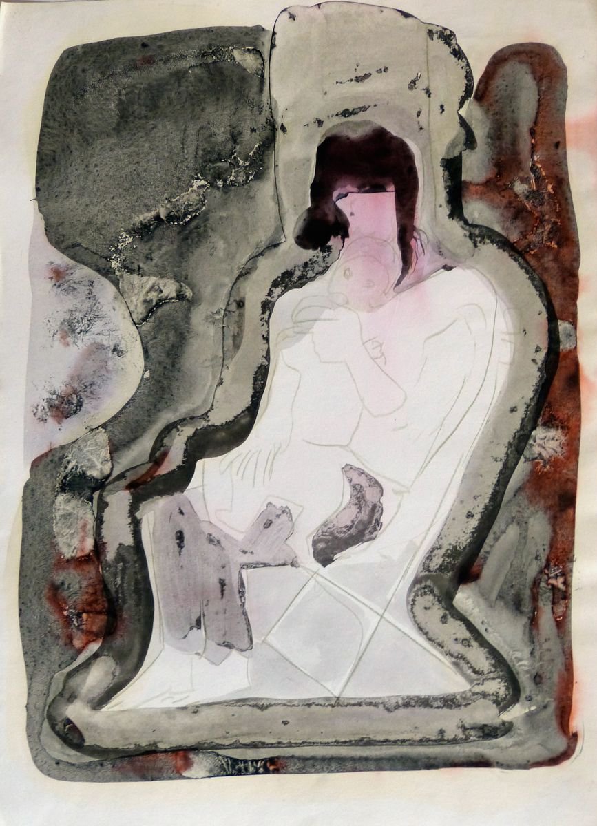 Expressive Portrait Ink Drawing By Frederic Belaubre, 13 X 18, Mother And Baby 2, Original Artwork