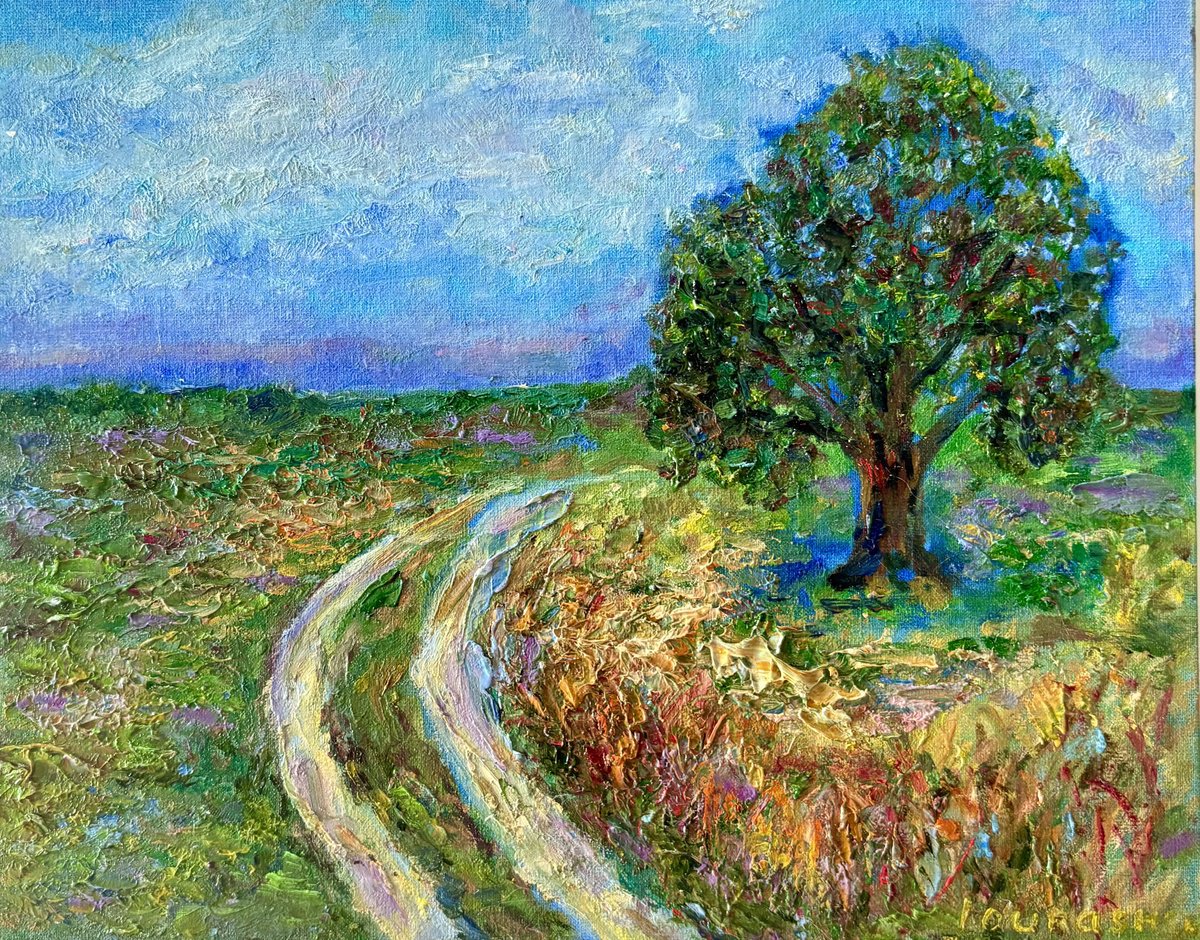Impressionistic Landscape Oil Painting By Katia Ricci, 12 X 10", Country Road, Original Artwork