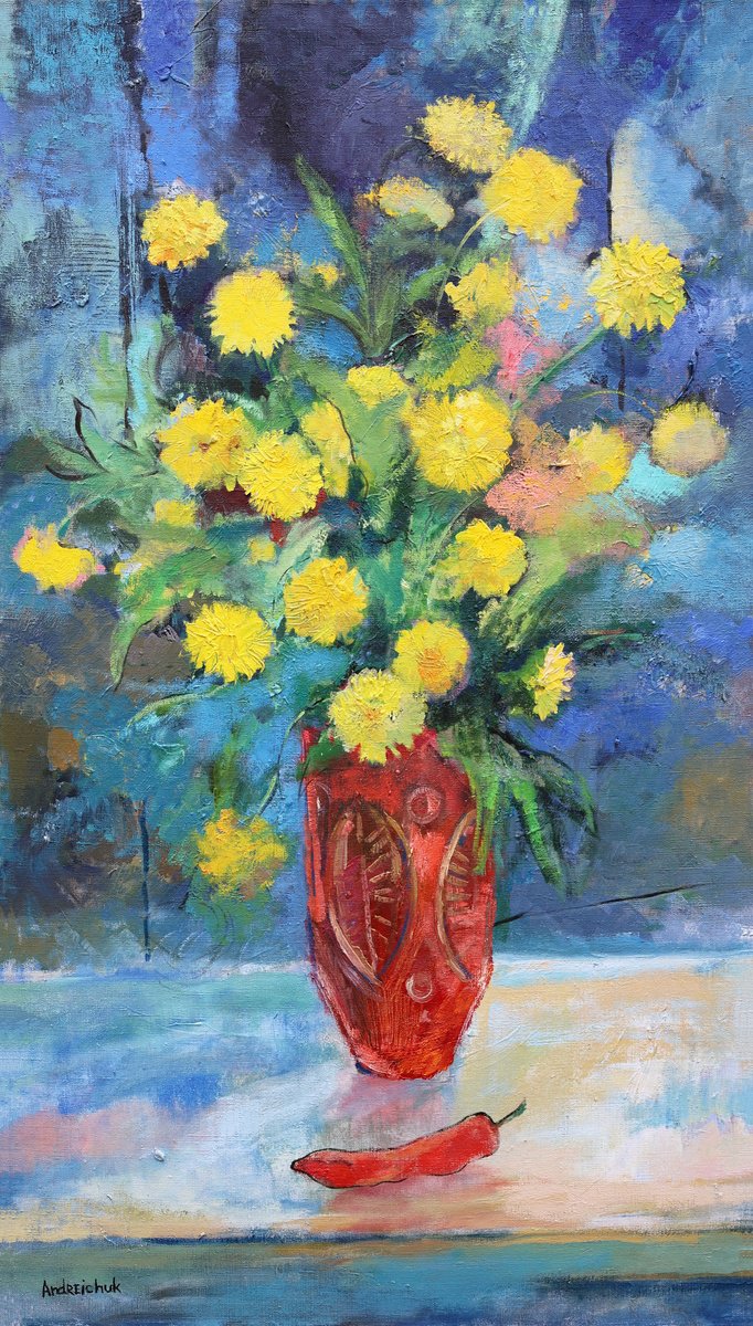 Impressionistic Still Life Oil Painting By Artem Andreichuk, 24 X 43, Summer Flowers, Original Artwork