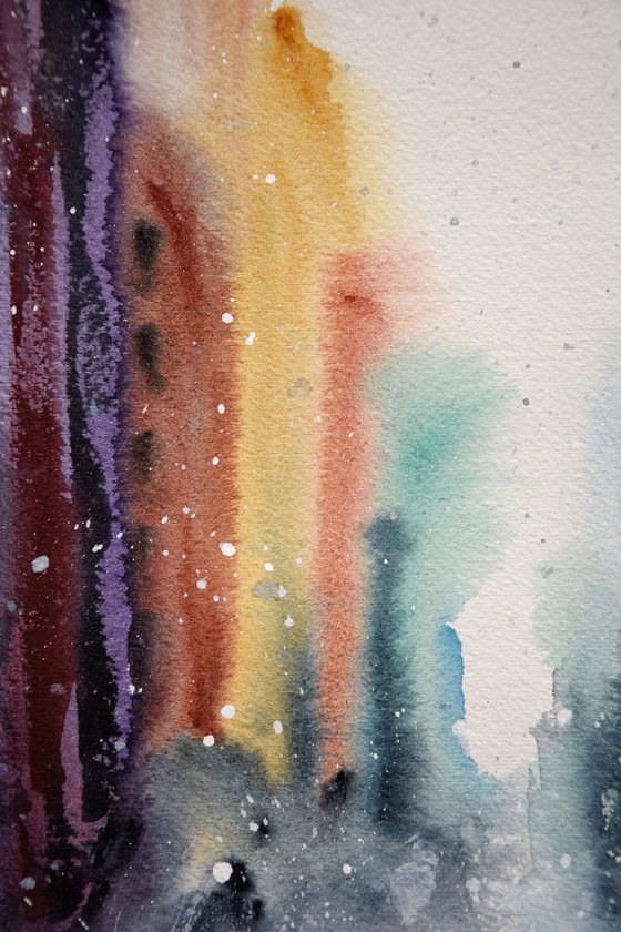 Snowy New York watercolor painting, original abstract cityscape, winter Manhattan