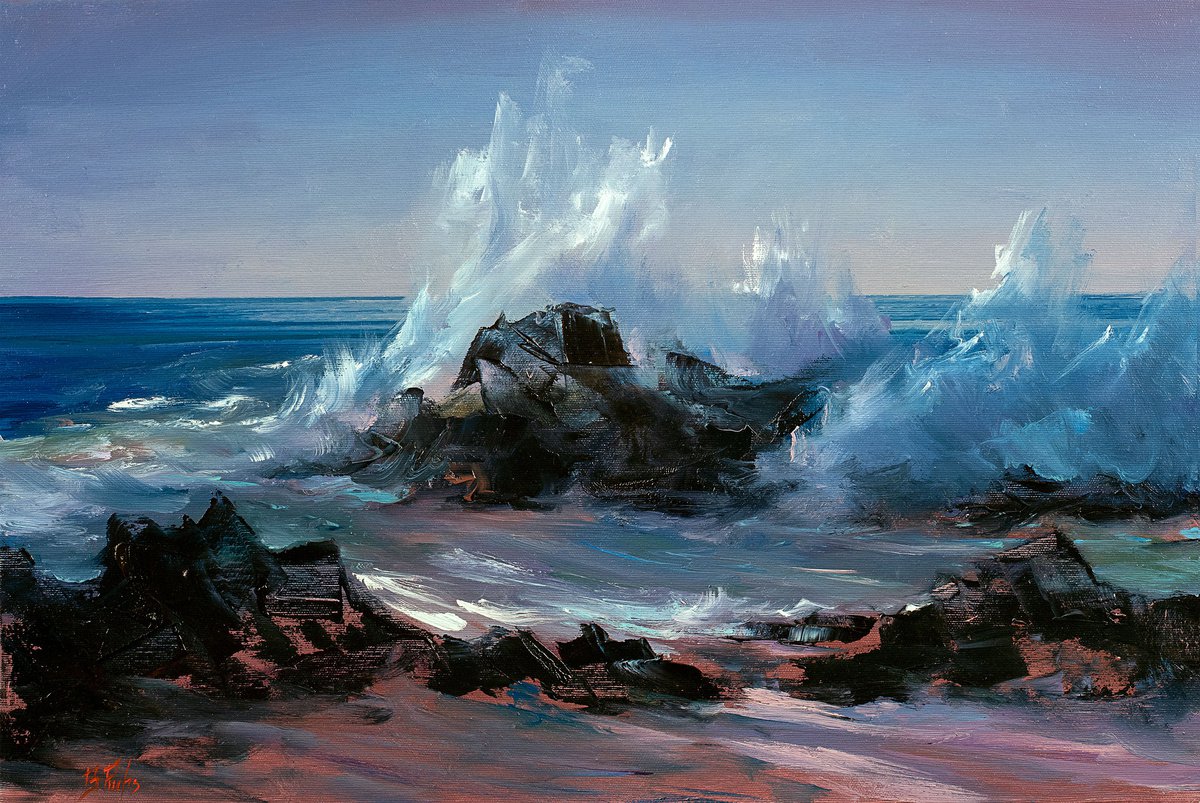 Crashing On The Shore Original Oil Painting Seascape 20 cm X 20 cm