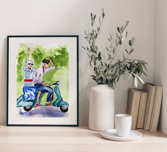 Motorcycle Painting Couple Original Art Motorbike Trip Watercolor Love Story Artwork Small Home Office Wall Art 9 by 12.5" by Halyna Kirichenko