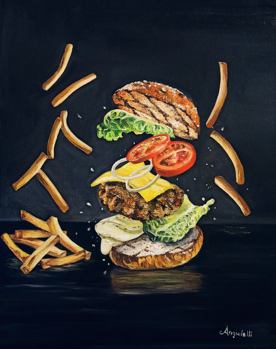 Photorealistic Still Life Oil Painting By Anna Rita Angiolelli, 16 X 20, Still Life With Hamburger, Original Artwork