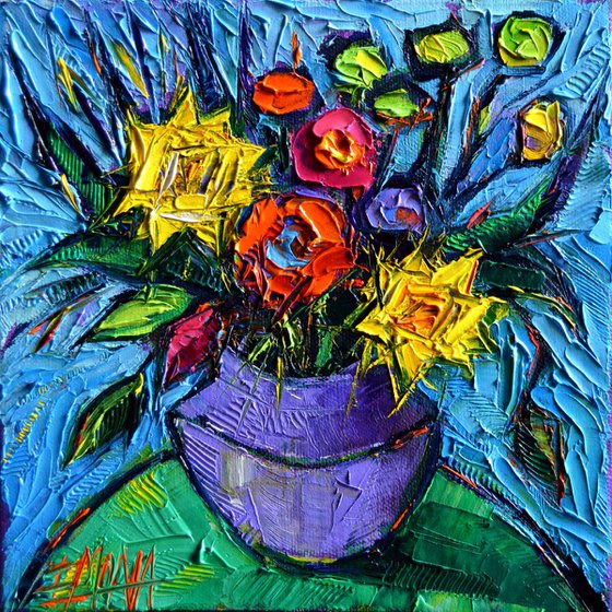 Wildflowers Bouquet On Green Table - Modern impressionist Impasto Palette Knife Oil Painting on canvas