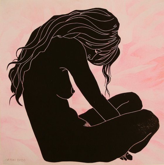 Seated Nude Lino Cut Hand Pulled Print