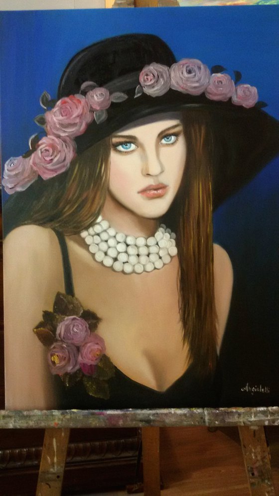 Lady with hat - portrait-oil painting- home decor