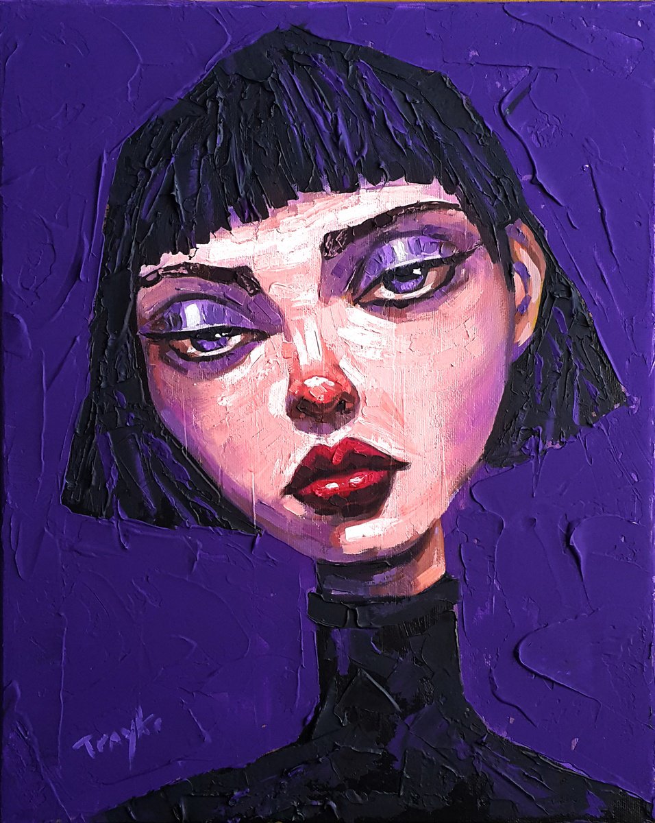 Abstract Portrait Acrylic Painting By Trayko Popov, 14 X 18", Violet Mood, Original Artwork
