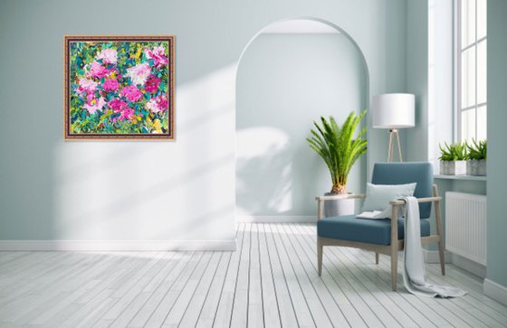 PEONIES - floral art, nature, panel with peony, original painting plants trees landscape green pink summer, impressionism art, interior home decor 85x100