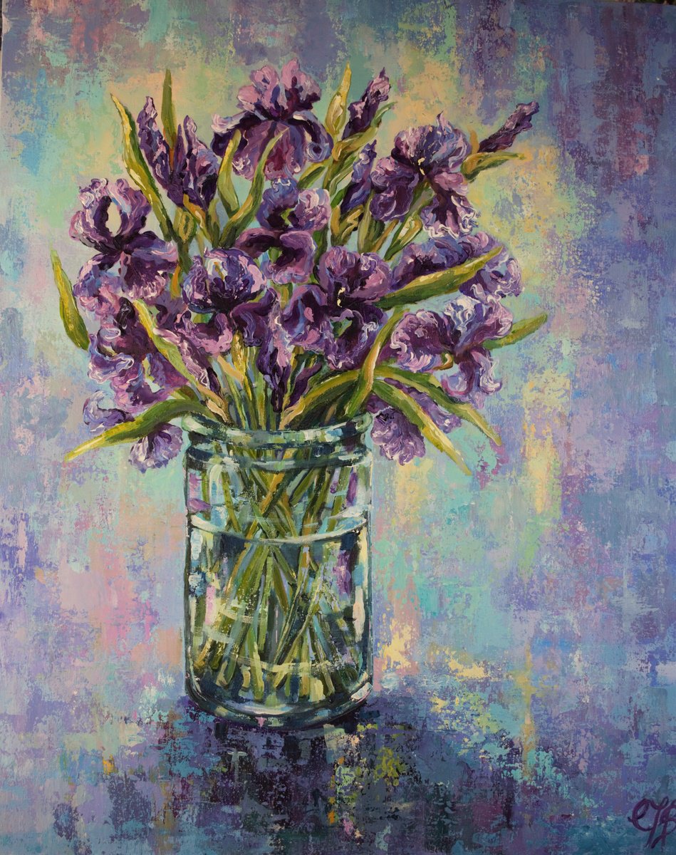 Impressionistic Botanical Acrylic Painting By Colette Baumback, 29 X 36, Irises In A Vase, Original Artwork