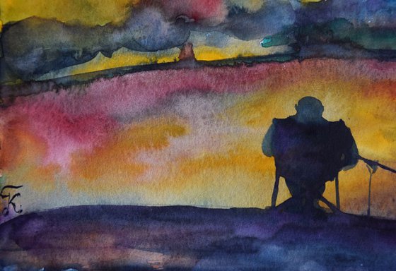 Fall watercolor painting Fisherman near autumn forest lake, Bratislava Slovakia