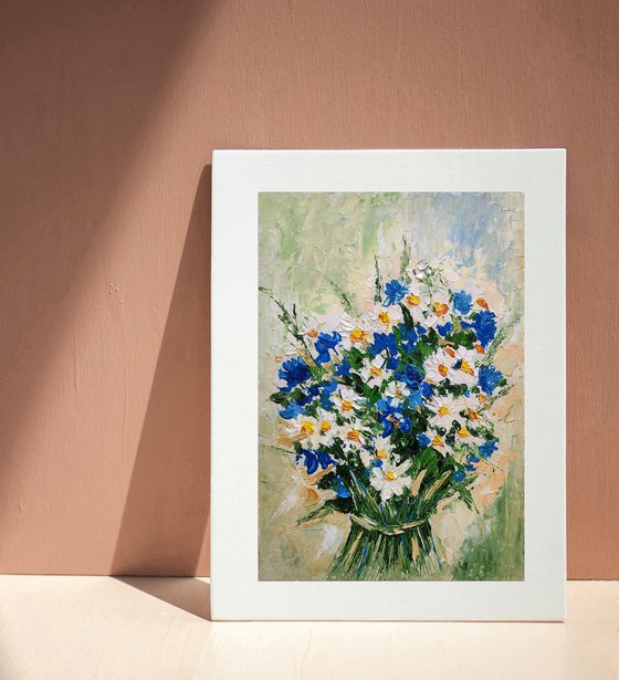 Wildflowers Bouquet Painting Daisy Artwork Forget-me-Nots Wall Art