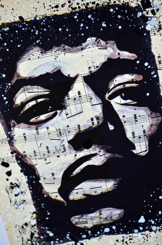 Jimi Hendrix - Collage Art on Vintage Music Sheet Page