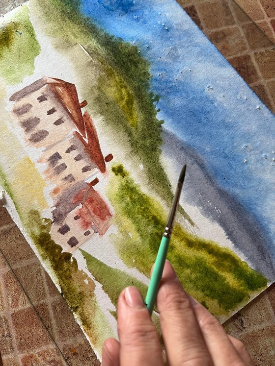 Tuscany Painting Italy Original Art Farm House Watercolor Poplar Tree Artwork Small Landscape Wall Art 12 by 8 inches