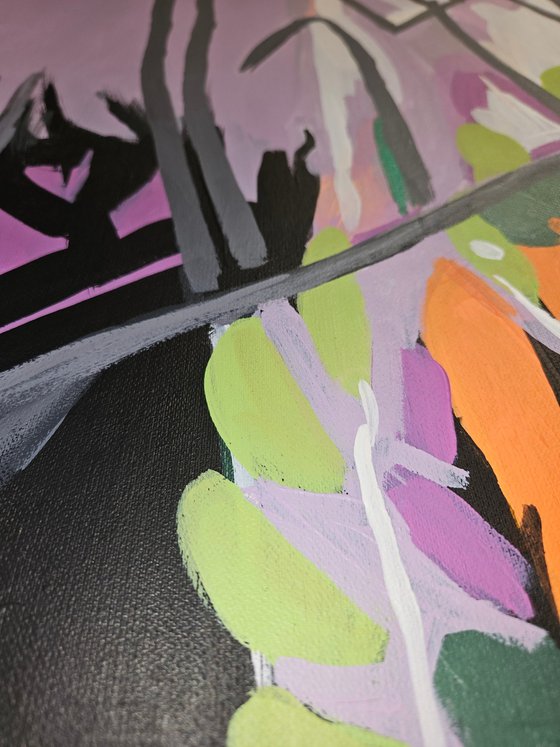 After the rain #3, orange pink black painting