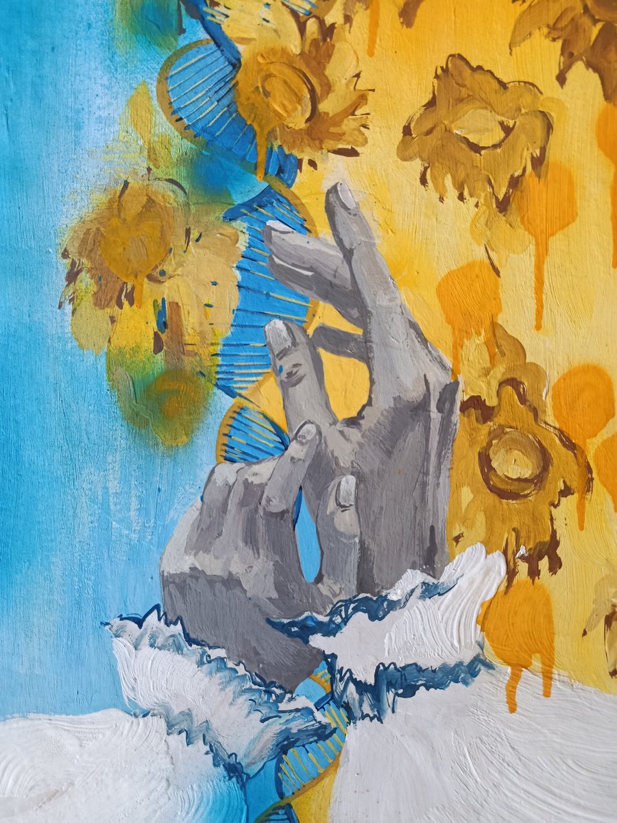 Abstract Botanical Painting By Tetiana Borys, 14 X 24", Hands In Sunflowers, Original Artwork