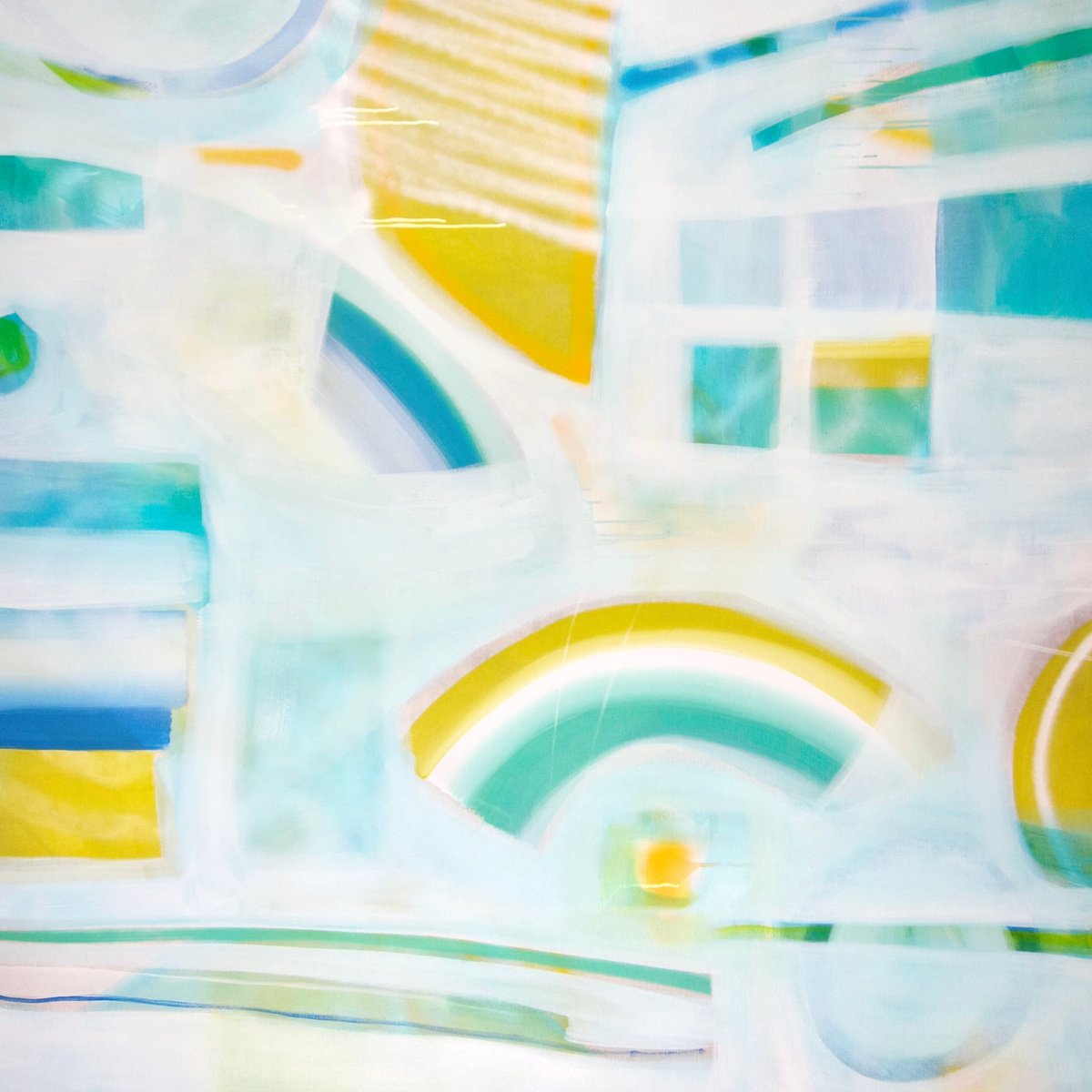 Geometric Abstract Acrylic Painting By Michelle Louis, 55 X 55", View From A Yellow Submarine, Original Artwork