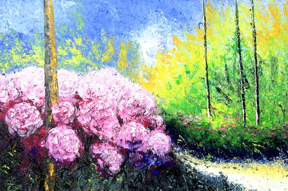 Pink flowers in a sunny day  landscape. ORIGINAL OIL PAINTING ON CANVAS
