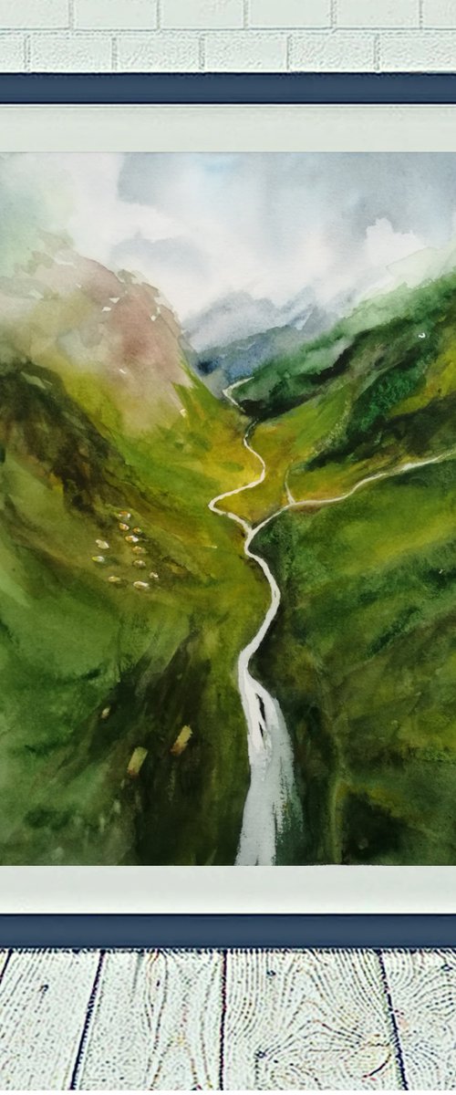 Green Valley - Mountain watercolour landscape by Daniela Roughsedge