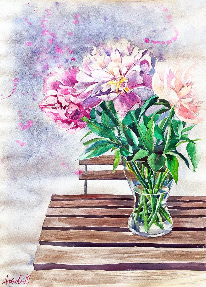 Impressionistic Still Life Watercolour By Ksenia Astakhova, 22 X 30", Peonies From Chavannes, Original Artwork