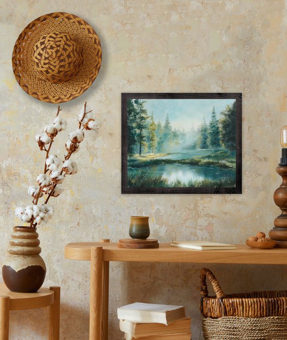 Misty lake in a pine forest