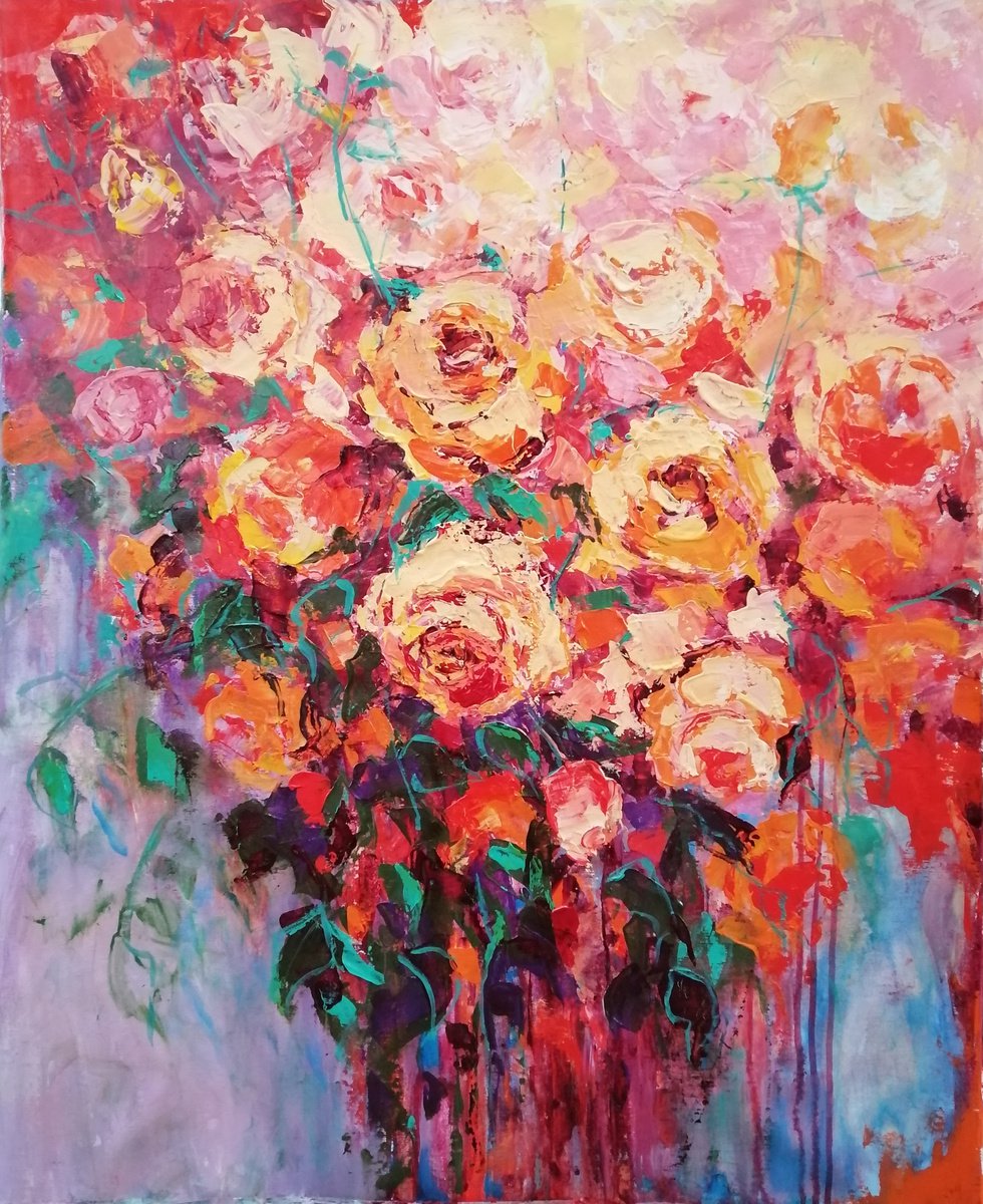 SPLENDID GARDEN, 70x88cm, blooming red roses oil floral painting by Emilia Milcheva