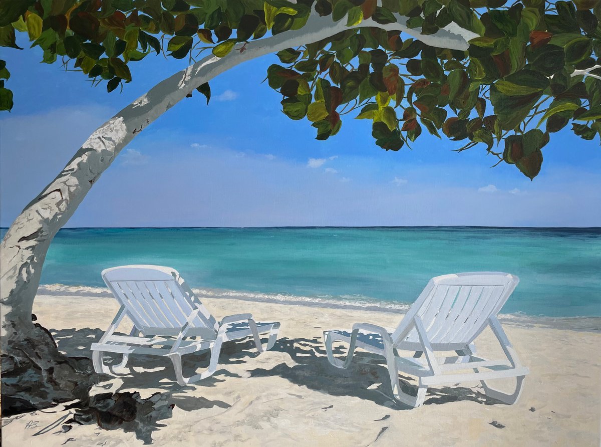 Photorealistic Landscape Acrylic Painting By Anne Shaughnessy, 42 X 32, Paradise Beach, Original Artwork