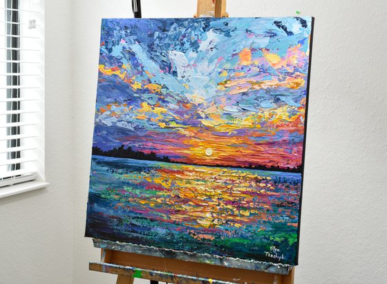 Magical Sunset - Original Sunset Painting on Canvas, Heavy impasto seascape artwork