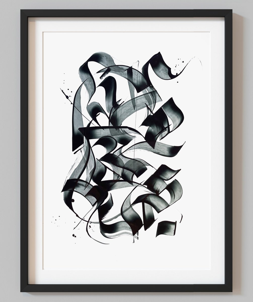 Abstract Acrylic Painting By Evgenia Makarova, 17 X 23, Calligraphic Elements 3, Original Artwork