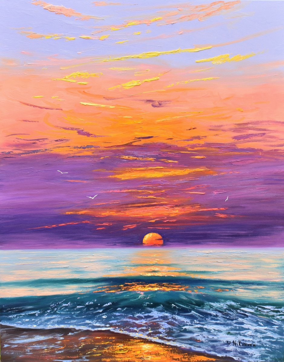 Expressive Landscape Oil Painting By Yulia Nikonova, 22 X 28", Purple Sunset, Original Artwork