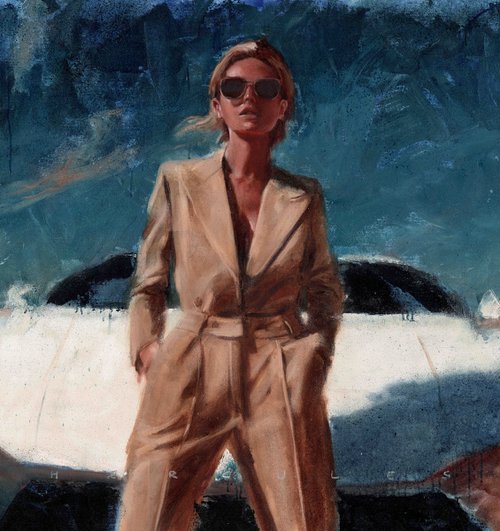 Ride with me | white sportscar strong power woman in beige suit blue sky by Renske Karlien Hercules